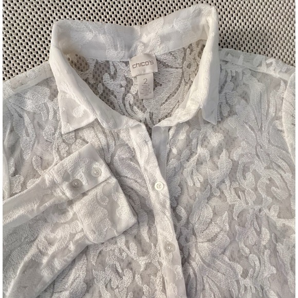 Chico's Tops - Chicos All Over White Lace Blouse Size 2 L/XL/12 Button Down Sheer Shirt Classic